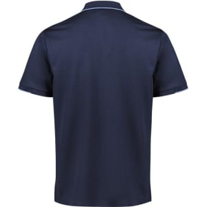 A navy blue men's short sleeve polo shirt with a subtle trim and a logo on the back.