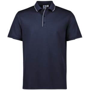 A navy short sleeve polo shirt with contrasting collar and sleeves, featuring a logo on the chest.