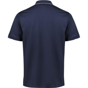 A navy short sleeve polo shirt with a collar and a back view. The shirt features a logo.