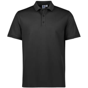 A black short sleeve polo shirt featuring a collar and buttons, with a logo on the chest.