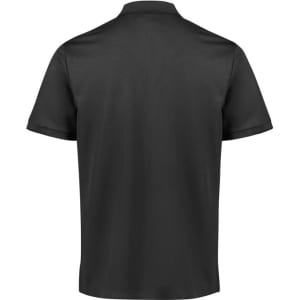 A black short sleeve polo shirt with a standard collar and a logo on the side.