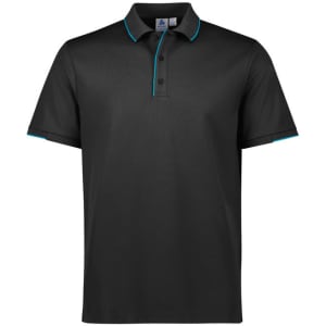 A black short sleeve polo shirt featuring turquoise accents and a branding logo on the chest area.