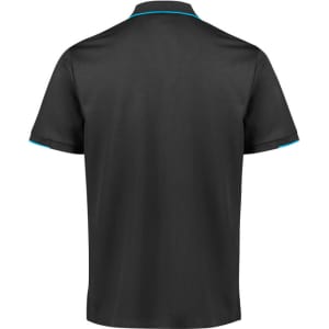 A black short sleeve polo shirt featuring contrasting blue trim and a logo.