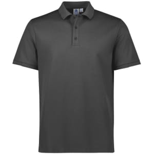 A grey short sleeve polo shirt with a collar and buttons, featuring a logo on the chest.