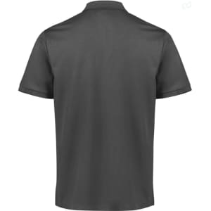 A dark grey men's short sleeve polo shirt featuring a collar and a back view. It has a logo on the chest.