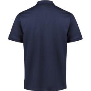 A navy blue men's short sleeve polo shirt with a smooth fabric finish and a branded logo.