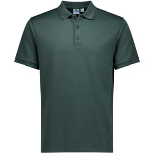A green short sleeve polo shirt featuring a classic collar and three buttons, with a logo on the chest.