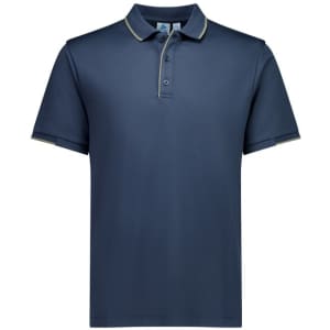 A navy blue men's short sleeve polo shirt featuring a collar with contrast trim and a logo on the chest.