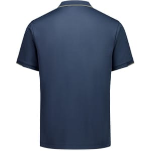 A navy short sleeve polo shirt featuring a collar and logo. Plain back view with no additional designs.
