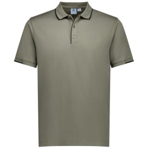 A short sleeve polo shirt in olive green with contrasting black trim and a logo on the chest.