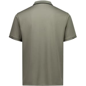 A men's short sleeve polo shirt in a muted olive green colour, featuring a collar and logo detail.