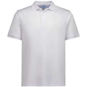 A white short sleeve polo shirt featuring a collar and a logo.