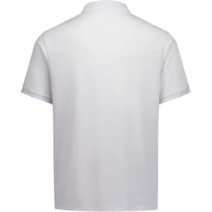 A white short sleeve polo shirt with a collar and a logo on the back.