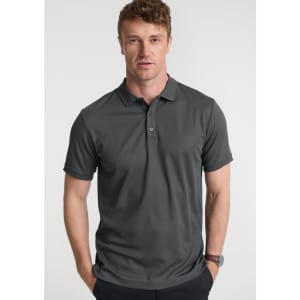 A grey short sleeve polo shirt featuring a collar and a three-button placket, with a logo on the chest.