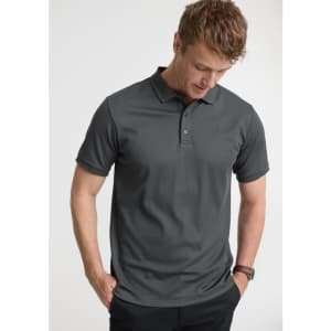 A grey men's short sleeve polo shirt with a classic collar and a logo on the sleeve.