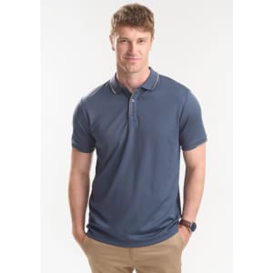 A men's short sleeve polo shirt in navy blue with a collar and a fitted design. It features a subtle logo on the chest.