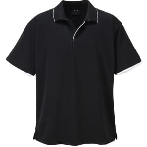 A black short sleeve polo shirt featuring a contrasting collar and a logo on the chest.