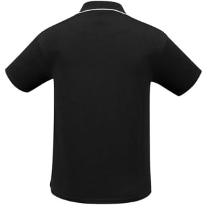 A black men's polo shirt with a short sleeve design and a subtle logo on the back.