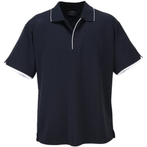 A navy blue men's short sleeve polo shirt with contrasting white detailing and a logo on the chest.