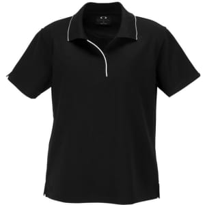 A short sleeve polo shirt in black with a contrasting collar and a logo.