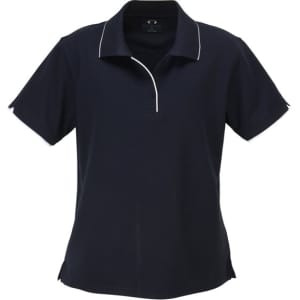 A navy blue women's short sleeve polo shirt with a subtle check pattern and a collar. It features a branding logo.