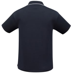 A navy short sleeve polo shirt with a collar and a logo on the back. The fabric has a textured design.