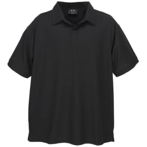 A black short sleeve polo shirt with a collared neckline and a logo on the chest.