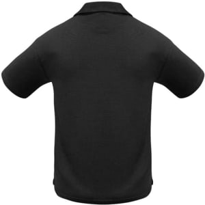 A black men's micro waffle short sleeve polo shirt with a collar and a logo on the side.