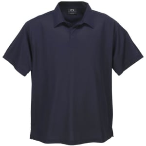 A navy blue short sleeve polo shirt with a collar and a logo, featuring a micro waffle texture.