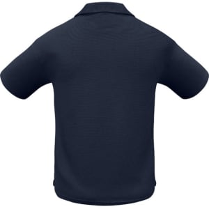 A navy micro waffle short sleeve polo shirt with a collar and branding on the back.