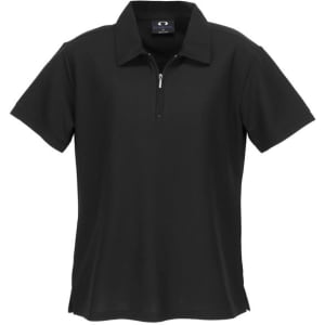 A black women's micro waffle short sleeve polo shirt with a zippered collar and a logo.