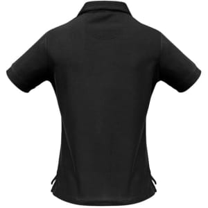 A black women's micro waffle short sleeve polo shirt with a collar, featuring a logo on the back.