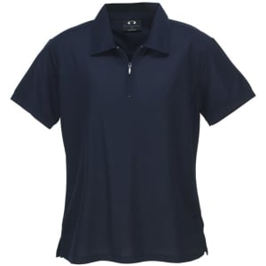A navy women's micro waffle short sleeve polo shirt with a zippered collar and a brand logo.