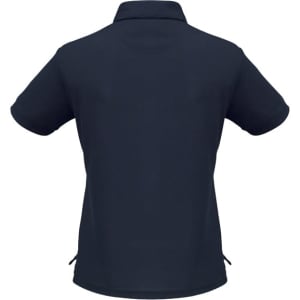 A navy blue women's micro waffle short sleeve polo shirt featuring a back view with a logo.