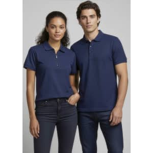 A navy women's micro waffle short sleeve polo shirt, featuring a collar and a logo, displayed on a model.