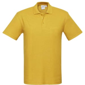 A yellow short sleeve polo shirt featuring a collar and three-button placket, with a logo on the chest.