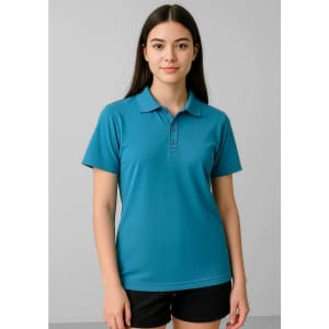 A short sleeve polo in teal colour featuring a collar and three buttons, worn by a model with long hair.