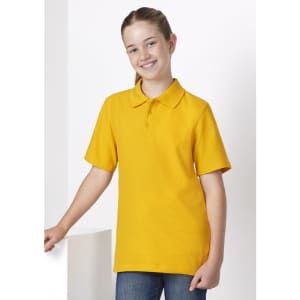 A short sleeve polo shirt in bright yellow, featuring a collar and buttons, modelled by a smiling girl.