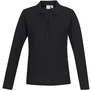 A black long sleeve polo shirt featuring a buttoned placket and a logo on the label.