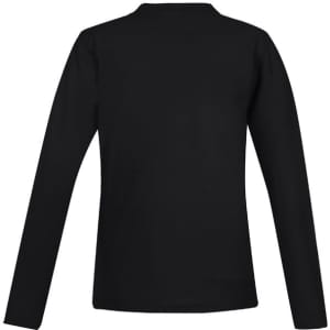 A black long sleeve polo shirt featuring a back view and a logo.