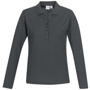 A long sleeve polo shirt in dark grey with a buttoned placket and a logo on the chest.