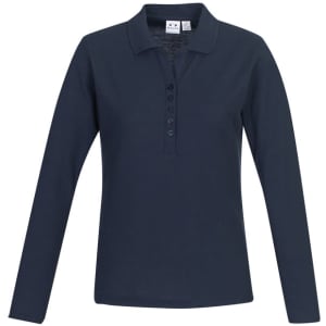 A navy long sleeve polo shirt for women featuring a button-up front and a collar. It has a logo on the chest.