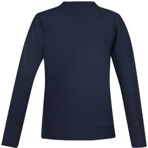A navy long sleeve polo shirt featuring a back view and a logo on the fabric.