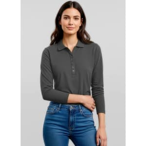 A long sleeve polo shirt in grey, featuring a buttoned placket and a fitted design.