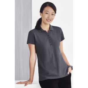 A dark grey polo shirt for women with a button-up collar and short sleeves, featuring a brand logo.