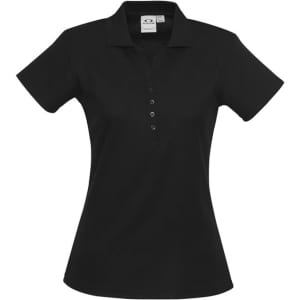 A black ladies polo shirt featuring a classic collar and a button-up placket, with a logo on the label.