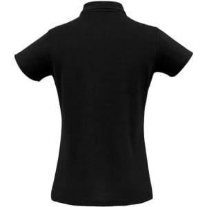 A black polo shirt for ladies featuring a classic design and a collar, with a logo on the front.