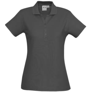 A grey ladies’ polo shirt featuring a classic collar, short sleeves, and a front button placket. Has a logo on the label.