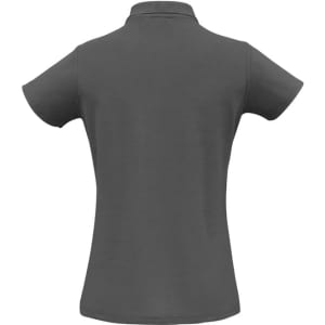 A dark grey ladies' polo shirt with short sleeves and a collar, featuring a logo on the back.