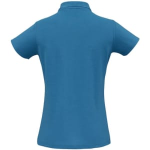A blue ladies' polo shirt with a classic collar and short sleeves, featuring a logo on the back.